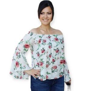 CASTING L.A. PINK & CREAM FLORAL BELL SLEEVE OFF-THE-SHOULDER TOP SZ.S EUC.